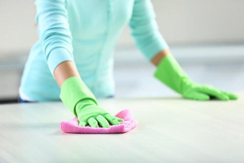 Cleaner preparing kitchen surfaces during a move in clean in Ealing